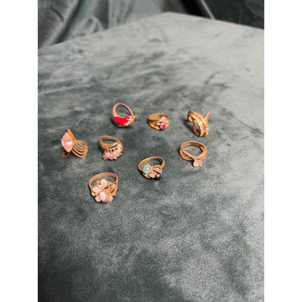 Vintage Gold Plated Ring Lot 8pc 18kt 14kt HGE Statement Floral Enamel Sz 7 8